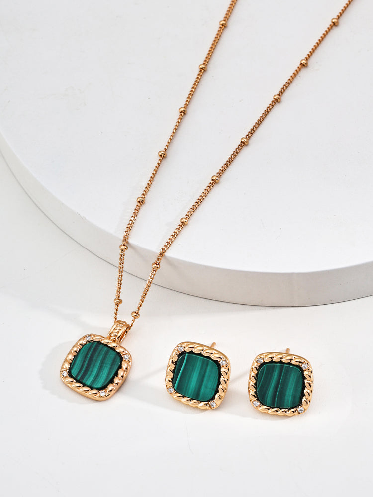 Square Natural Malachite Zircon Earrings
