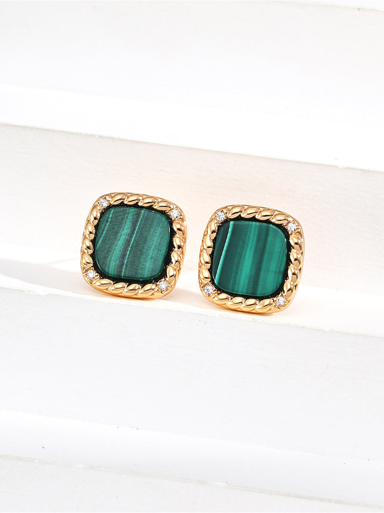 Square Natural Malachite Zircon Earrings